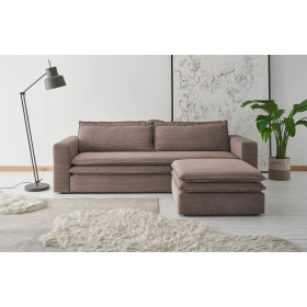 Couch 3 Sitzer inkl. Bettfunktion + Hocker Set Piagge - Cordstoff Hellbraun