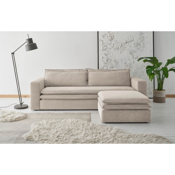 Couch 3 Sitzer inkl. Bettfunktion + Hocker Set Piagge - Cordstoff Hellbeige